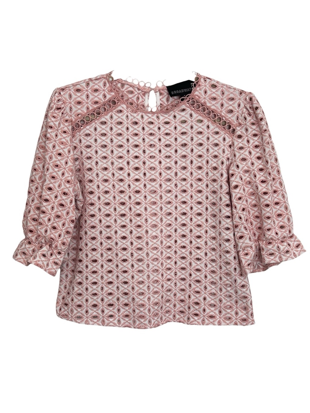 Broadway 38  Pink Eyelet Lace‎ Puff Sleeve Blouse Geometric Cutout Top Sz M